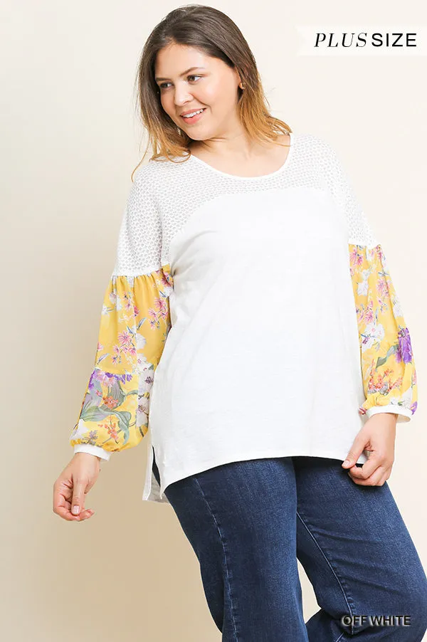 Floral Puff Sleeve Knit Top, Off White