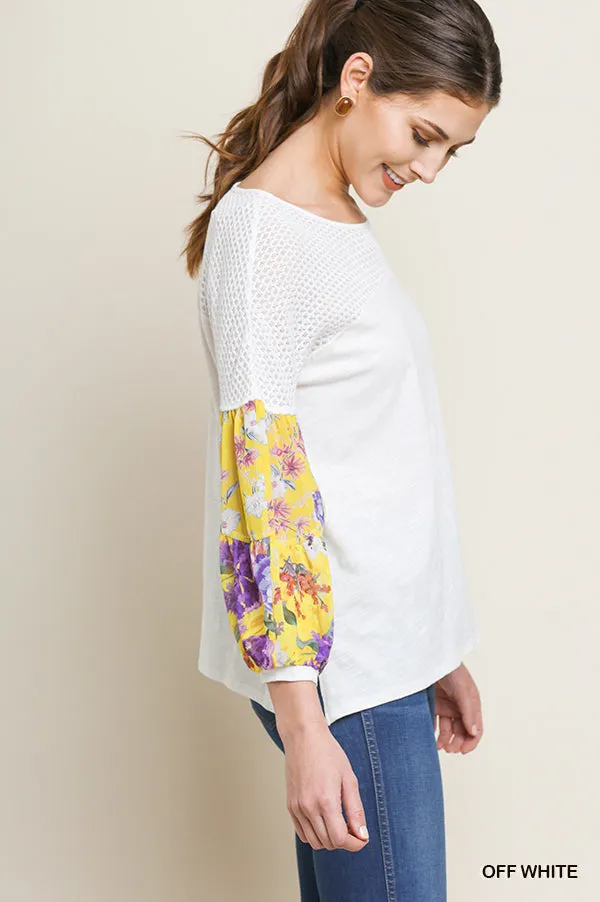 Floral Puff Sleeve Knit Top, Off White