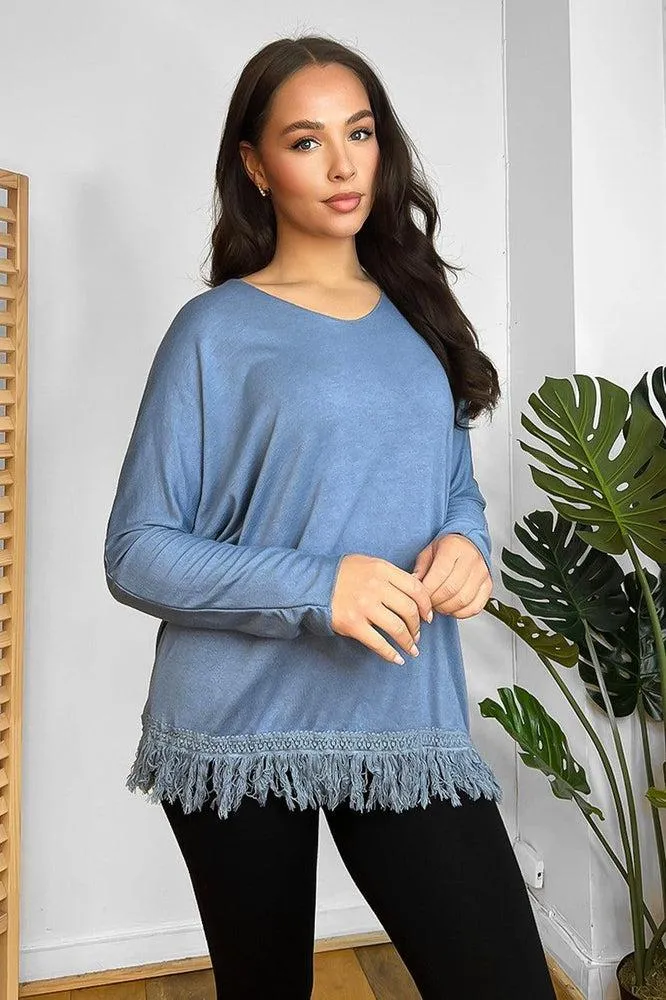 Fringed Hem Lightweight V-Neck Tunic