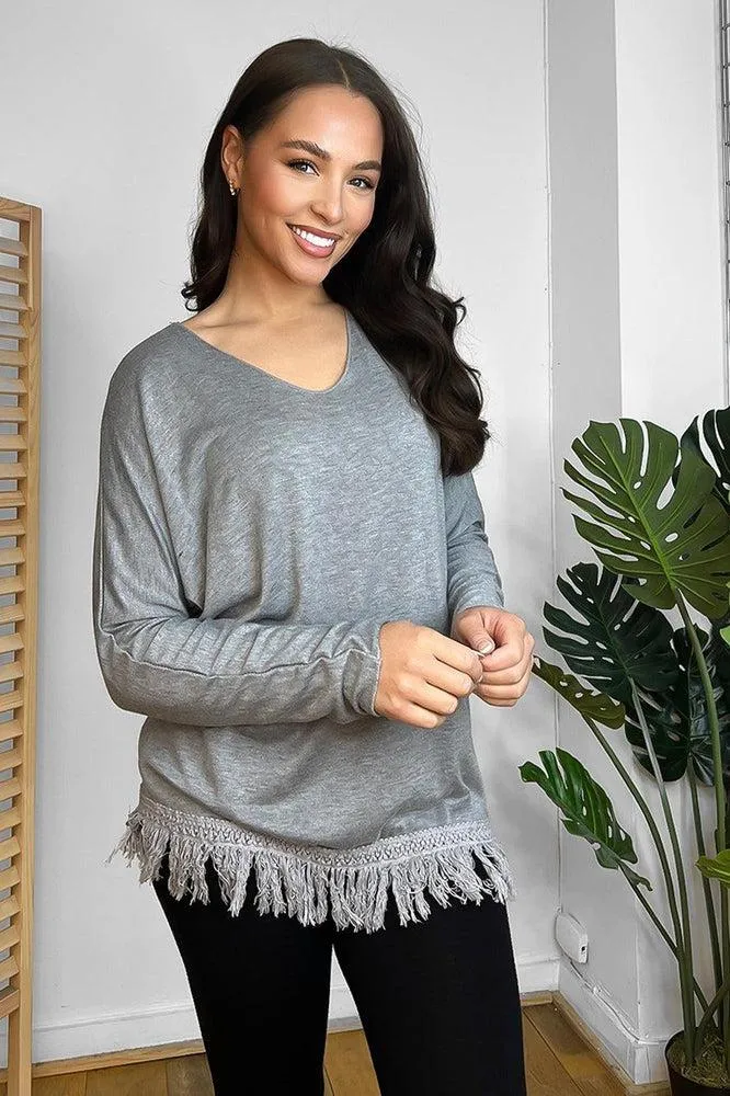 Fringed Hem Lightweight V-Neck Tunic