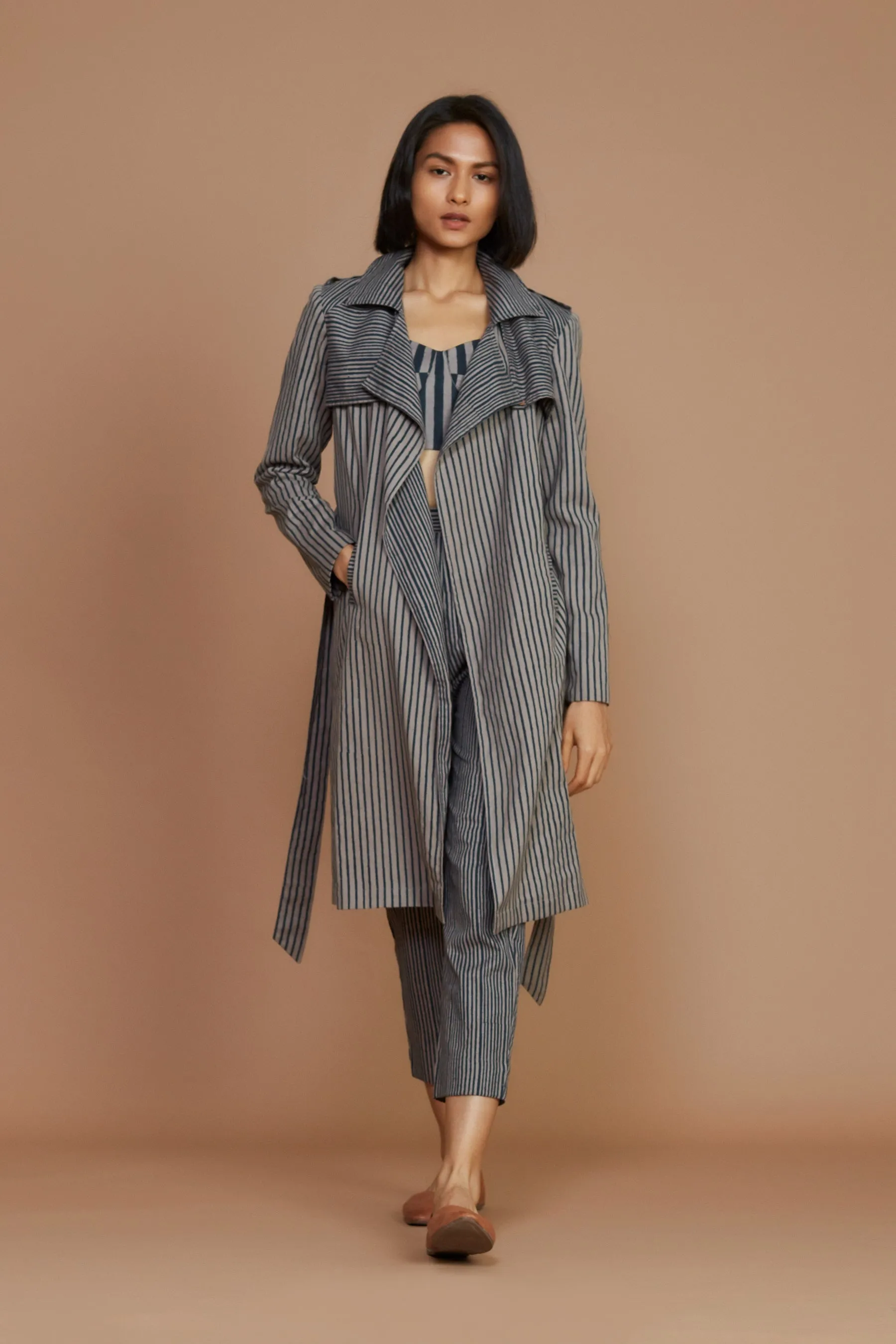 Grey with Charcoal Striped Trench & Corset Co-Ord Set (3 pcs)