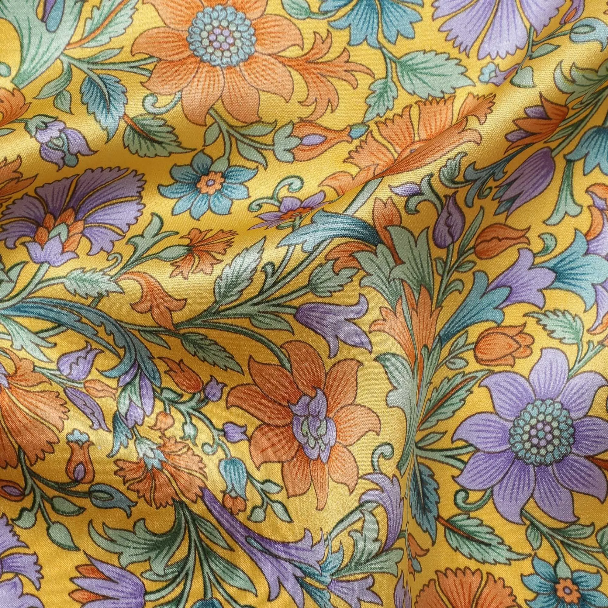 Honey yellow silk satin fabric with green, orange & violet prints in floral design-D11143