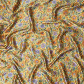 Honey yellow silk satin fabric with green, orange & violet prints in floral design-D11143