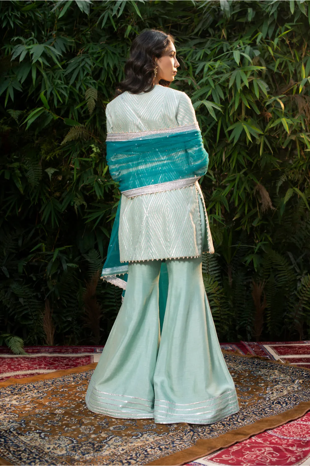 Ice Blue Raw Silk Kurti With Culottes Pants And Dupatta