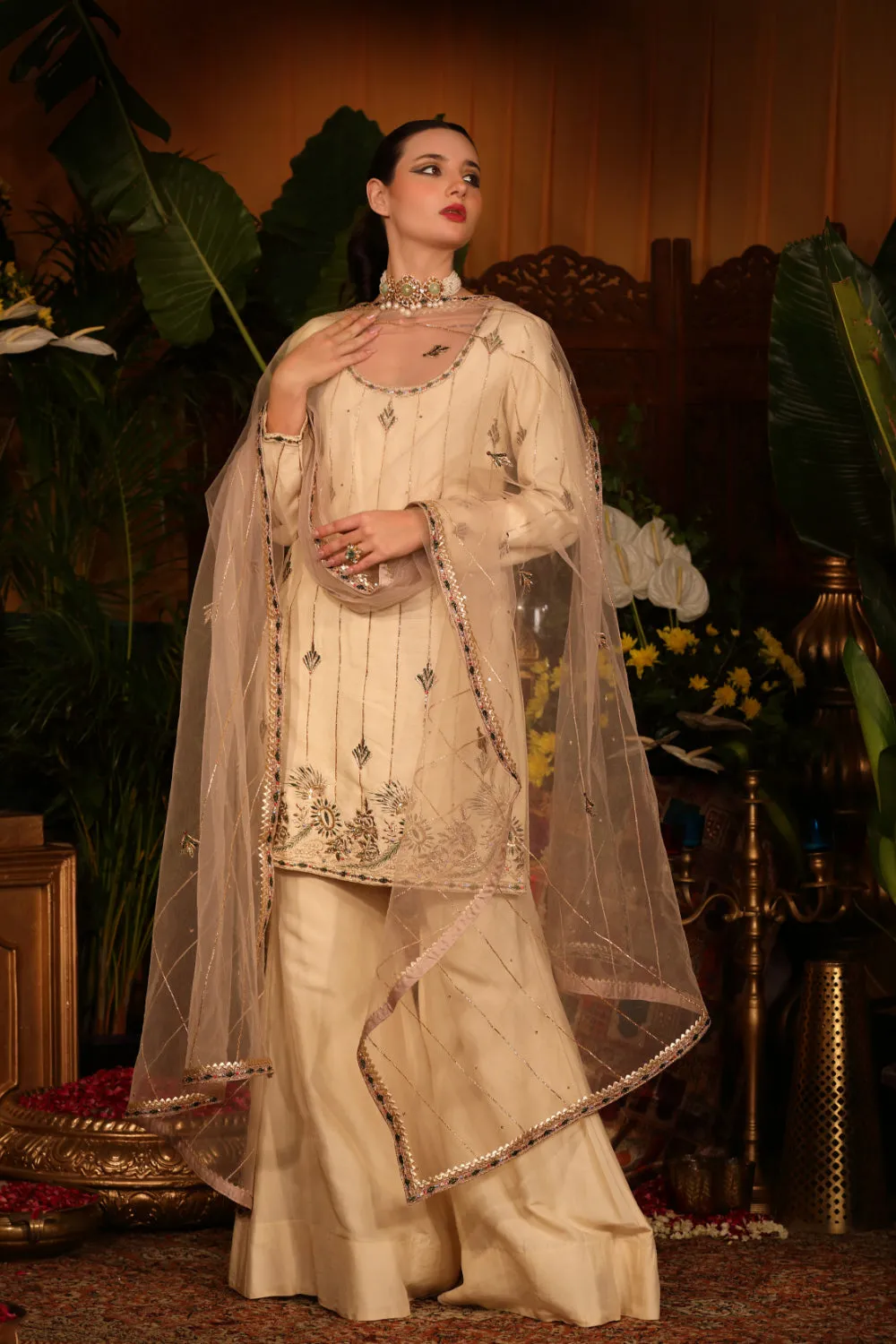 Ivory Raw Silk Kurti  Paired With Culottes Pants And Dusty Pink  Dupatta