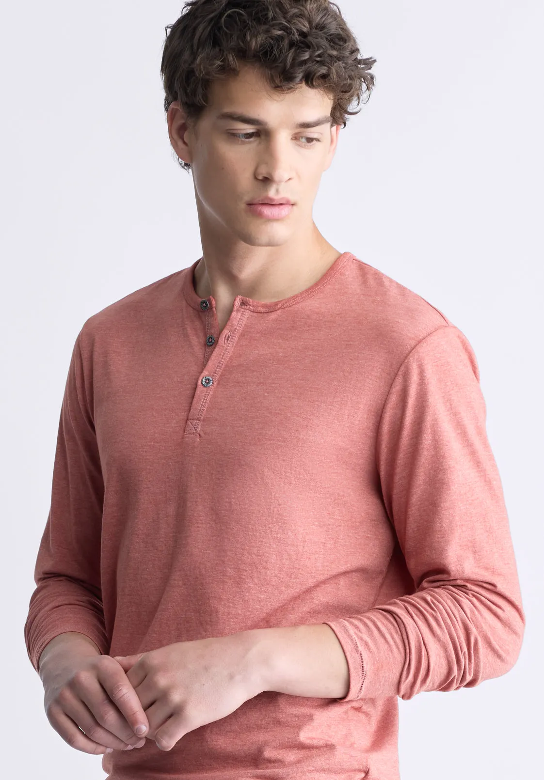 Kaduk Men's Long-Sleeve Burnout Henley Top, Red Ochre - BM24237