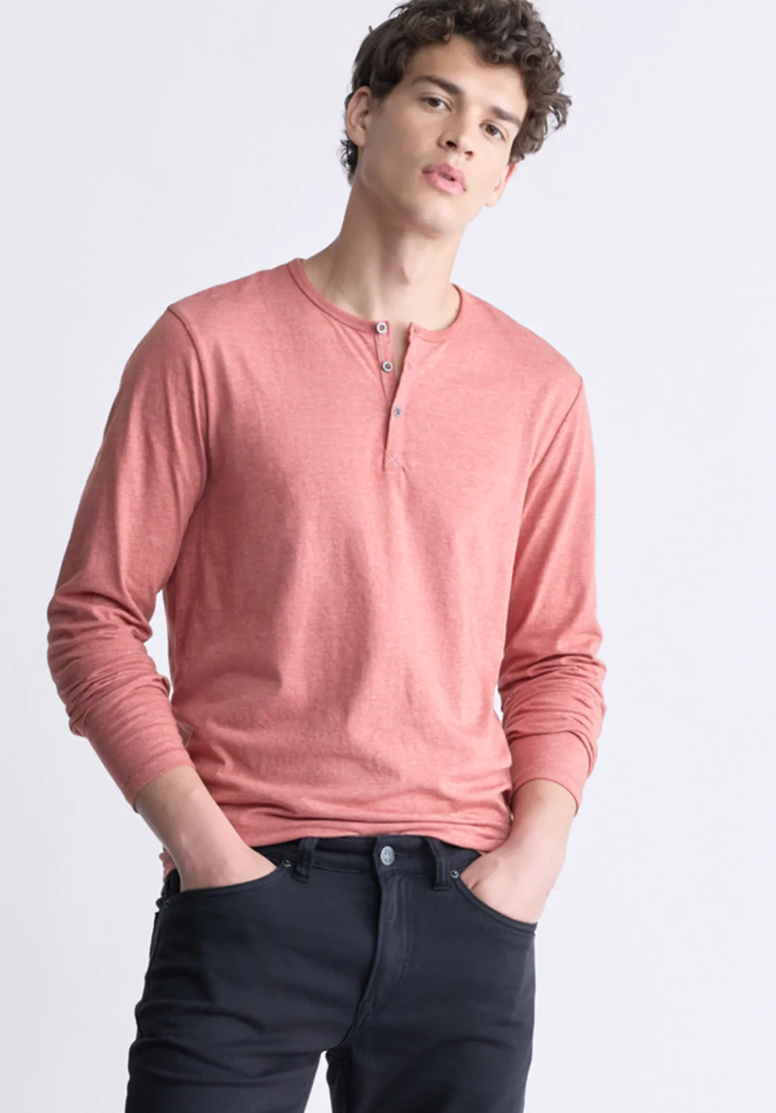 Kaduk Men's Long-Sleeve Burnout Henley Top, Red Ochre - BM24237