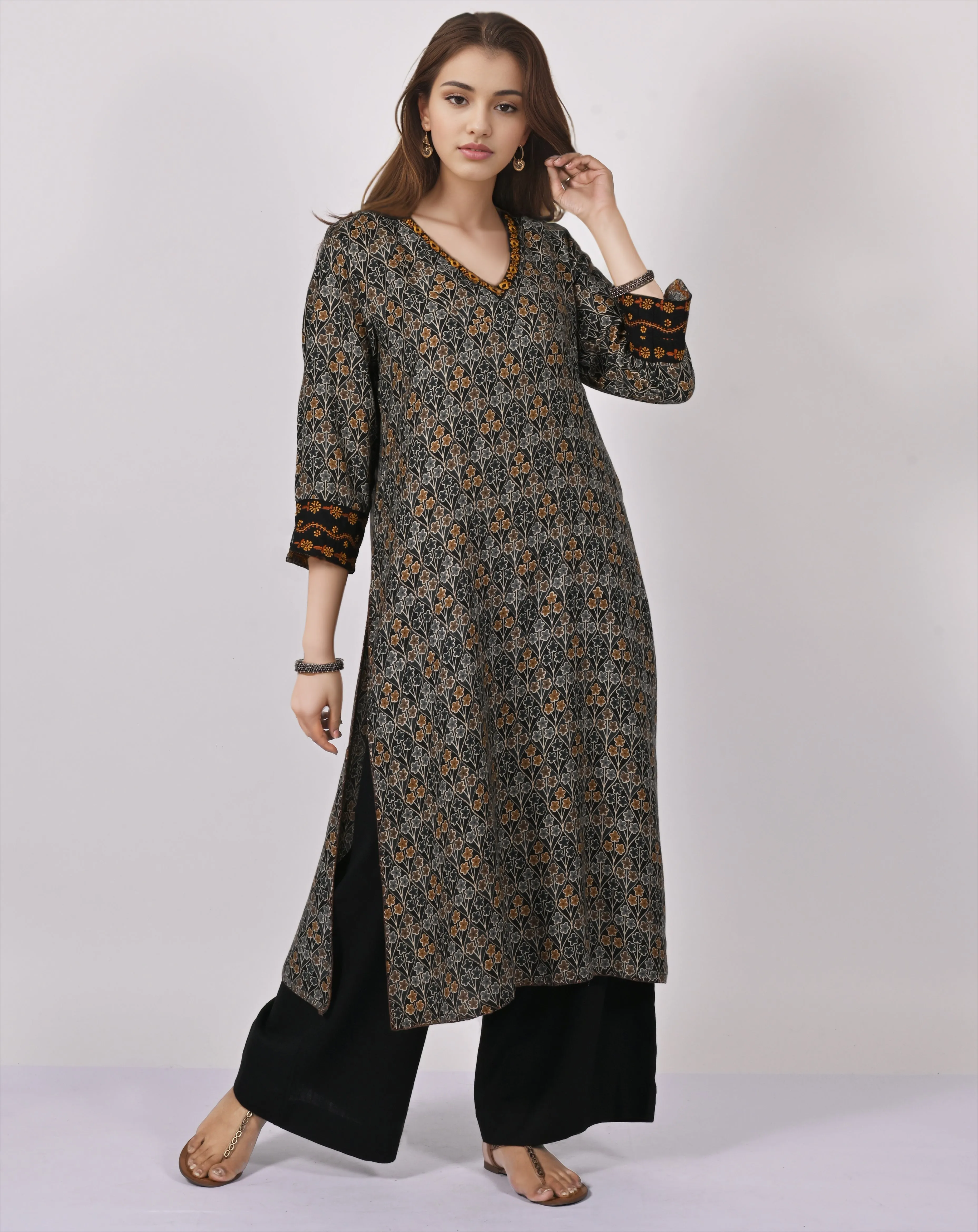 KASI Block Print Style Pure Cotton Hand Embroidered Long Tunic Dress; Made to Order/Customizable