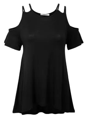 KOGMO Womens Cold Shoulder Short Ruffle Sleeve Tunic Top With Bow Hemline