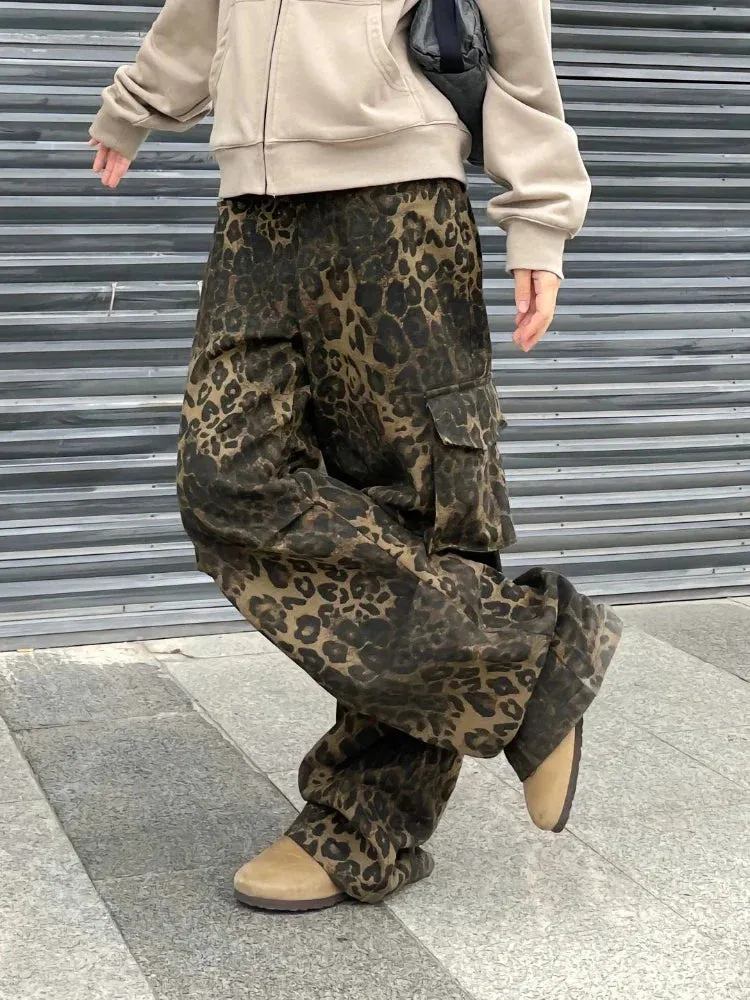 Leopard Waist Cargo Jeans Women Y2k Vintage Pockets Wide Leg Denim Pants