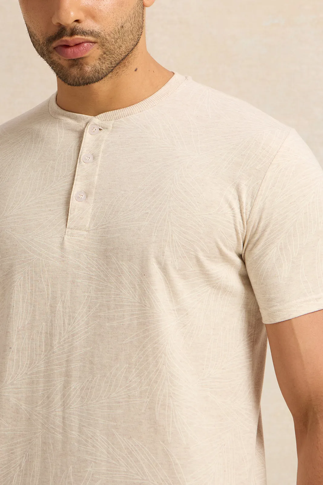 Men Beige Printed Henley T-Shirt