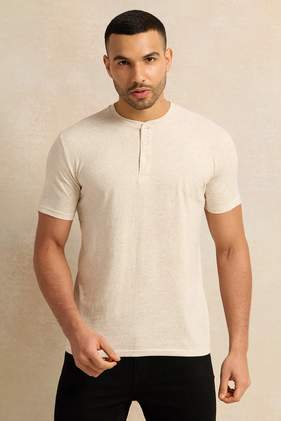 Men Beige Printed Henley T-Shirt