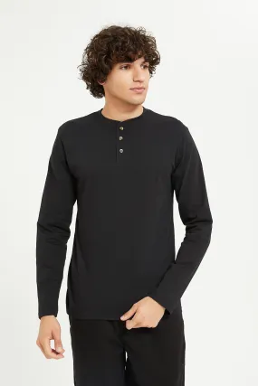 Men Black Long Sleeve Henley Shirt