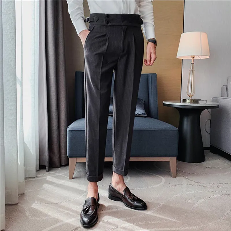 Men Business Casual Naples High Waist Striped Trousers