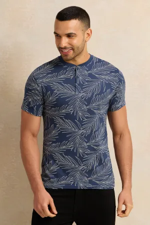 Men Navy Printed Henley T-Shirt