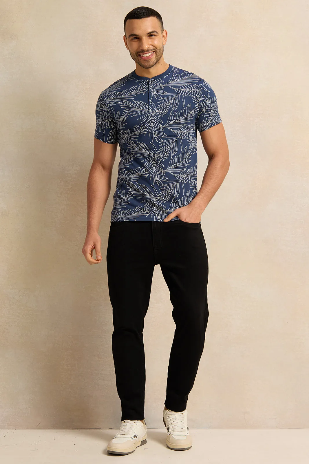 Men Navy Printed Henley T-Shirt