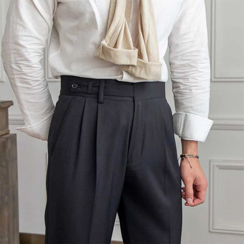 Men's British Casual Dress Pants Slim Fit High Waisted Trousers