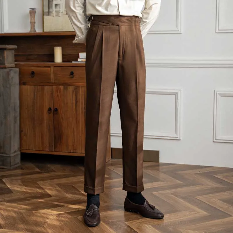 Men's British Retro High Waisted Pants Business Casual Straight Trousers