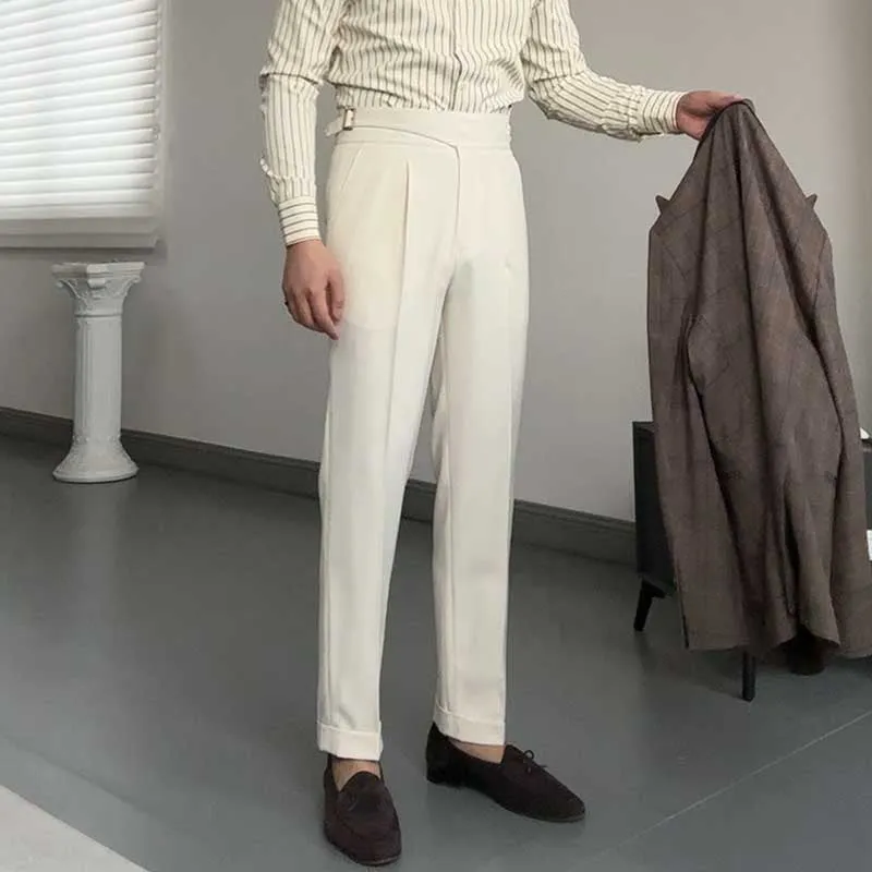 Men's British Retro Slim Fit Dress Pants Casual High Waisted Straight Trousers