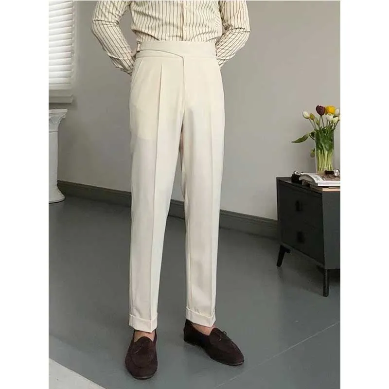 Men's British Retro Slim Fit Dress Pants Casual High Waisted Straight Trousers