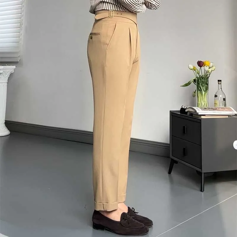 Men's British Retro Slim Fit Dress Pants Casual High Waisted Straight Trousers