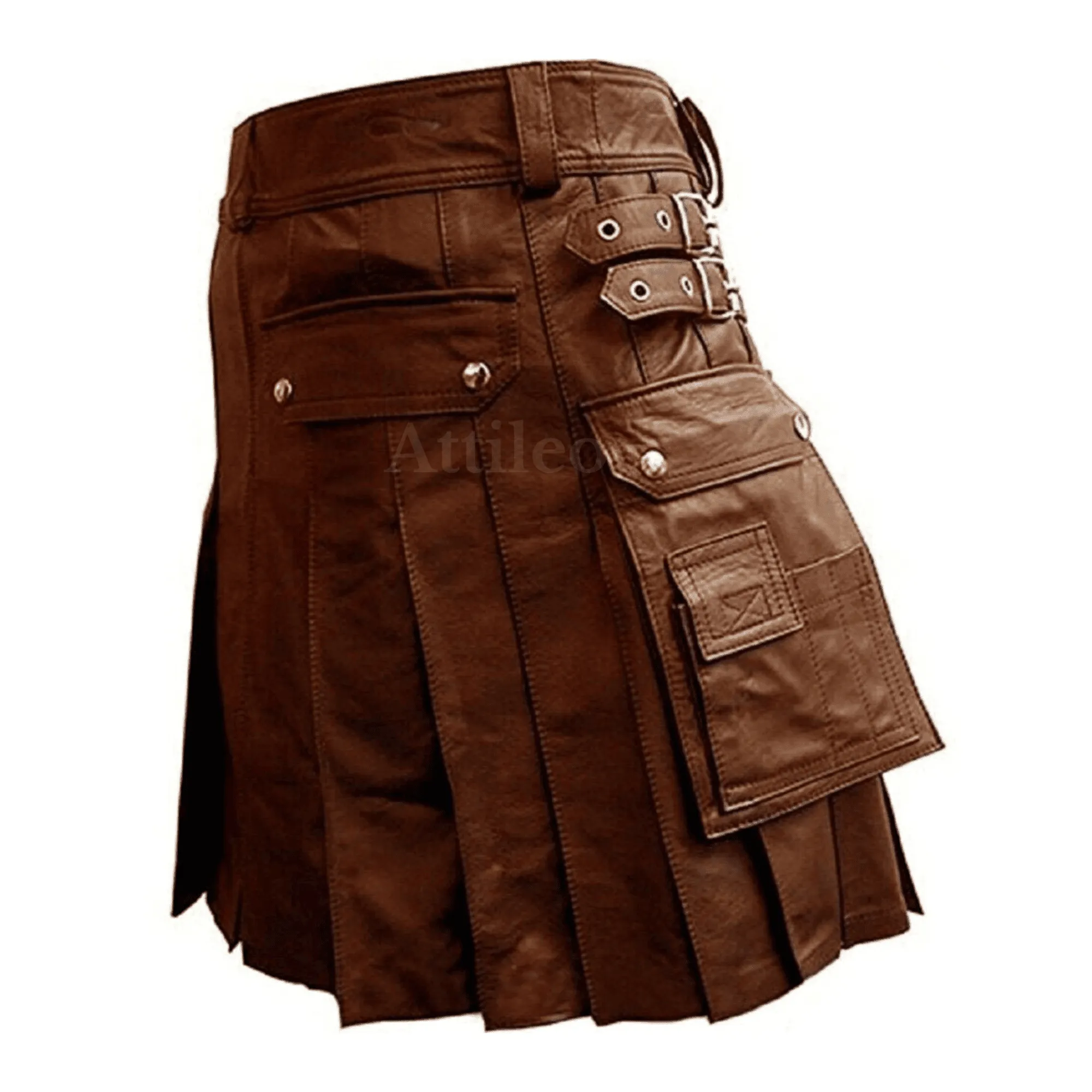 Mens Brown Leather Utility Kilt with Cargo Pockets