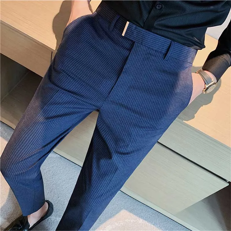 Men's Business Striped Slim Fit Dress Pants High Waisted Trousers