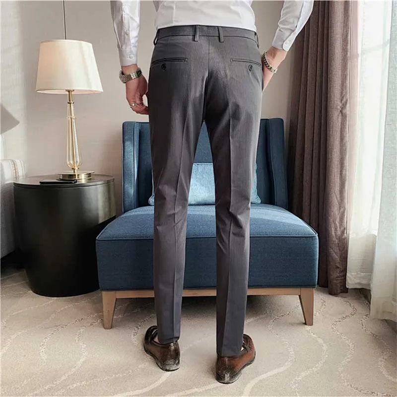 Men's Business Striped Slim Fit Dress Pants High Waisted Trousers