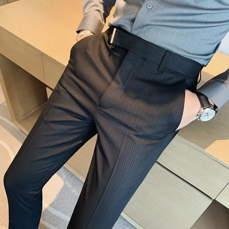 Men's Business Striped Slim Fit Dress Pants High Waisted Trousers