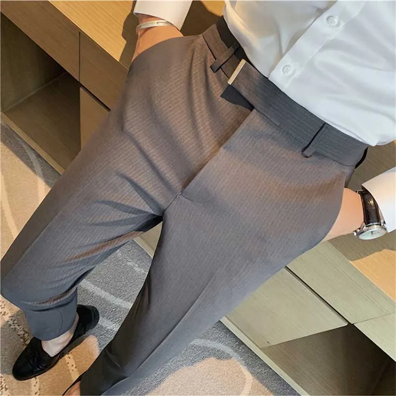 Men's Business Striped Slim Fit Dress Pants High Waisted Trousers