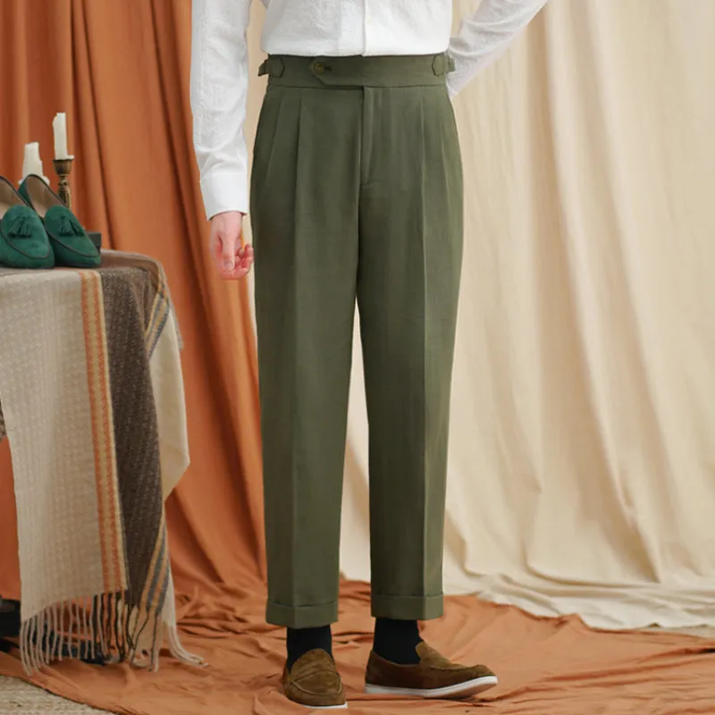 Men's Cotton And Linen Casual High Waist Straight Trousers