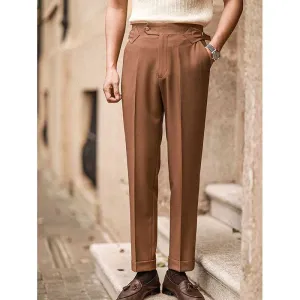 Mens High Waisted Pants Casual Paris Button Straight Slim Fit Trousers