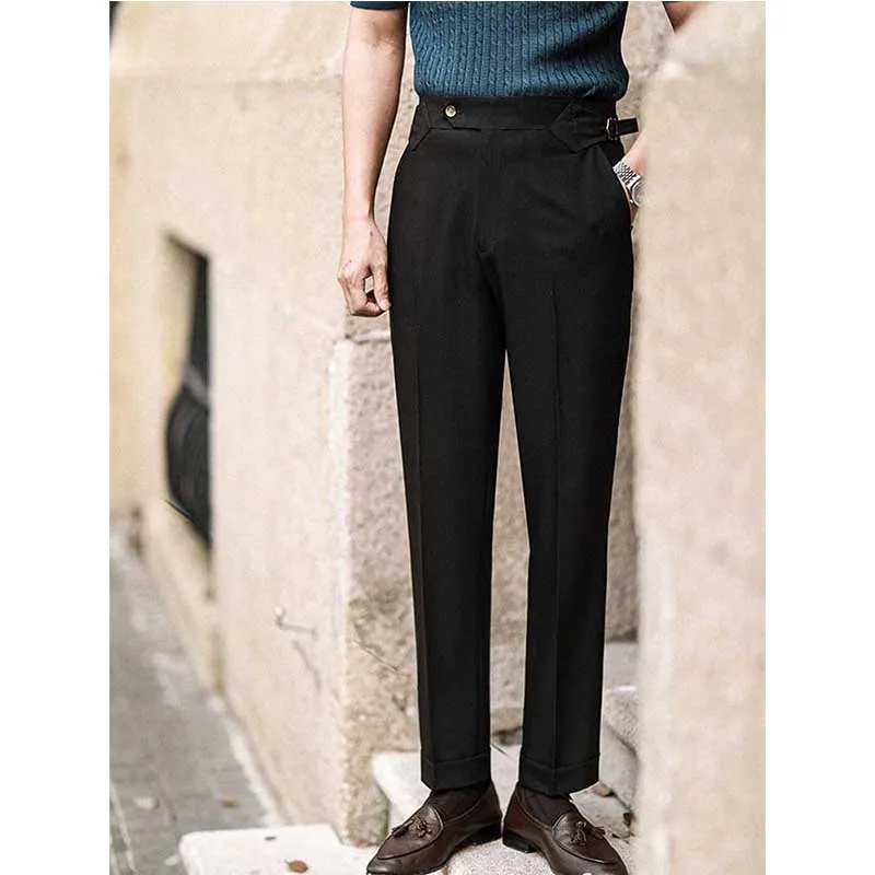 Mens High Waisted Pants Casual Paris Button Straight Slim Fit Trousers