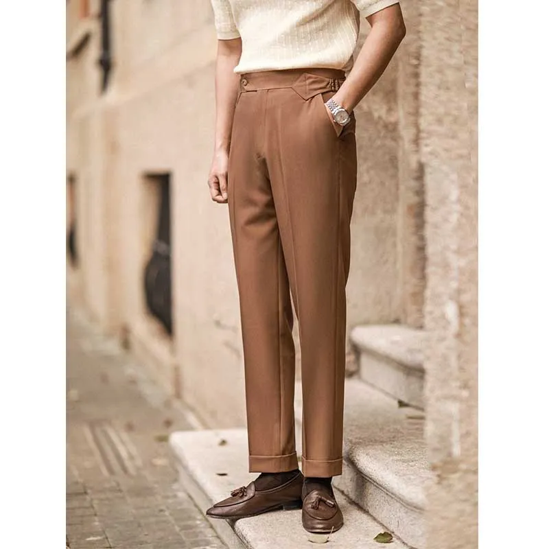 Mens High Waisted Pants Casual Paris Button Straight Slim Fit Trousers