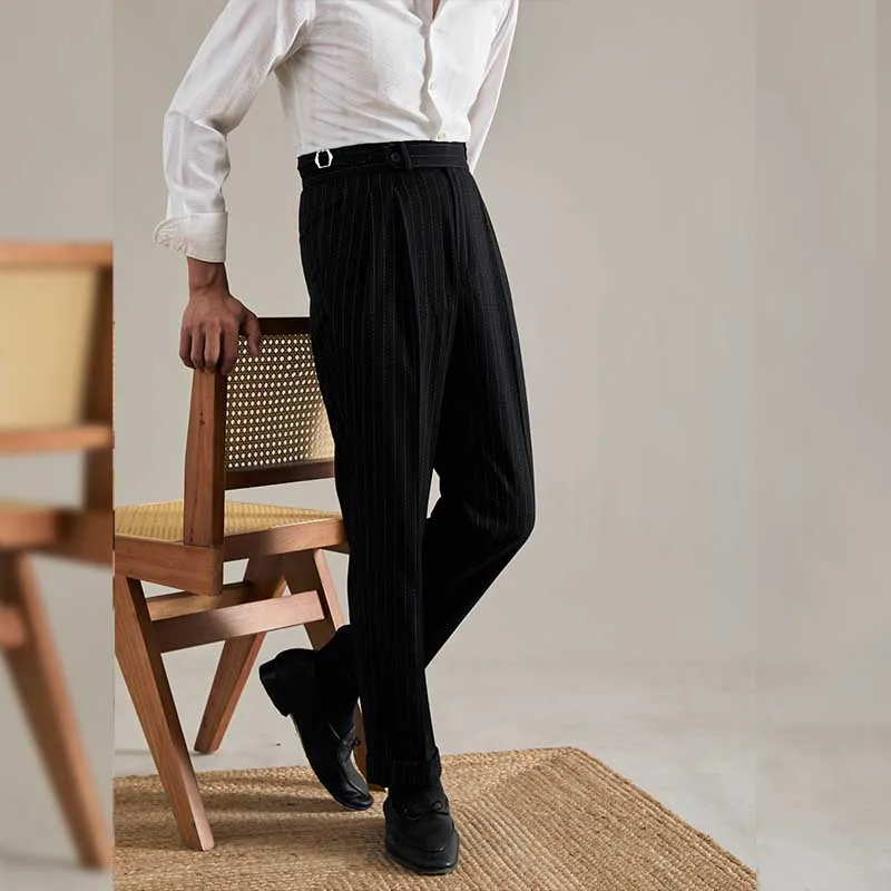 Men's High Waisted Pants Double-button Striped Casual Trousers