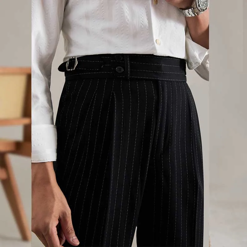 Men's High Waisted Pants Double-button Striped Casual Trousers