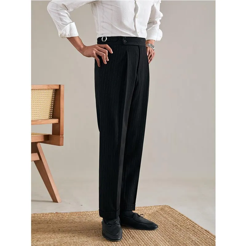 Men's High Waisted Pants Striped Casual Business Straight Suit Trousers