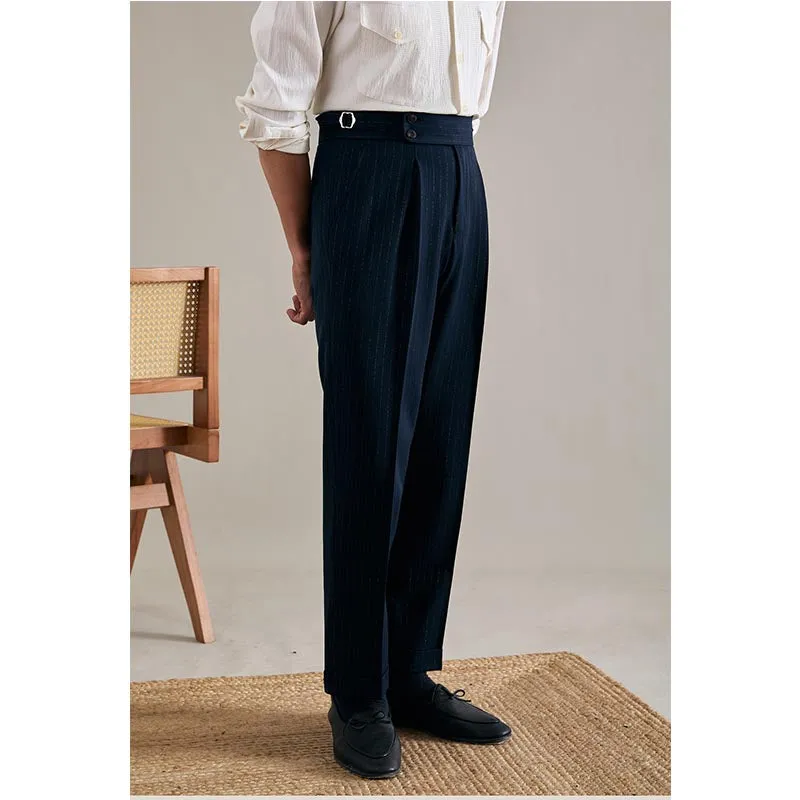 Men's High Waisted Pants Striped Casual Business Straight Suit Trousers