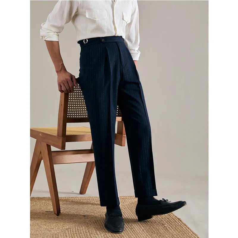 Men's High Waisted Pants Striped Casual Business Straight Suit Trousers