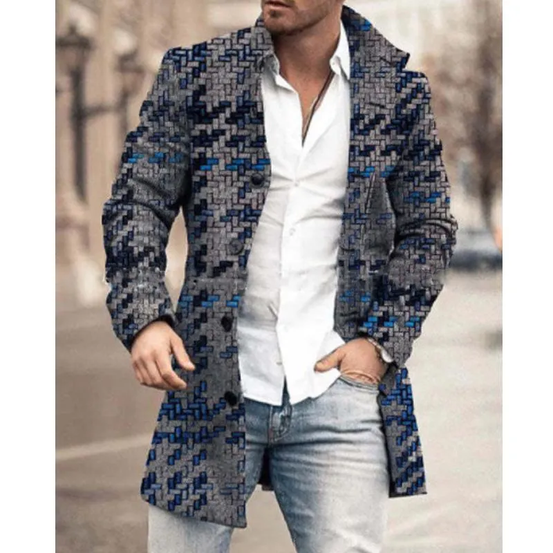 Men's Mid-length Plaid Print Coat Casual Windbreaker 04690336L