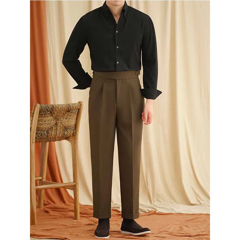 Men's Paris Buckle High Waist Casual Business Slim Fit Trousers