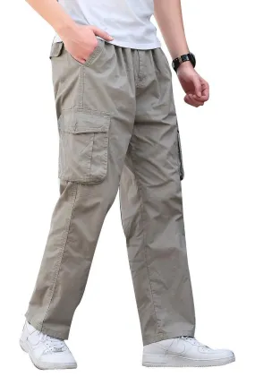 Mens Pull On Zip Fly Drawstring Cargo Pants Elastic Waist Relaxed Fit 6 Pockets