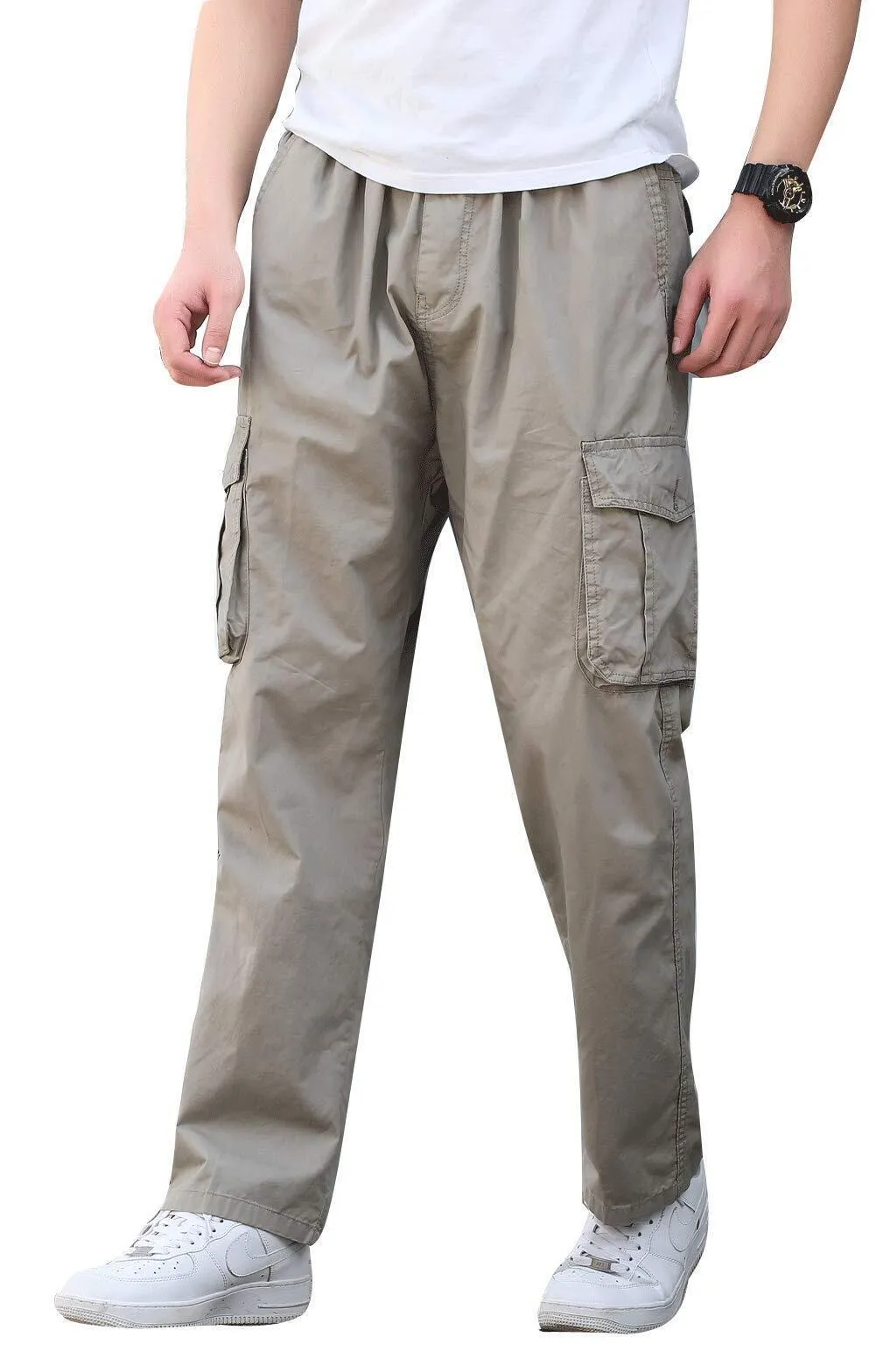 Mens Pull On Zip Fly Drawstring Cargo Pants Elastic Waist Relaxed Fit 6 Pockets