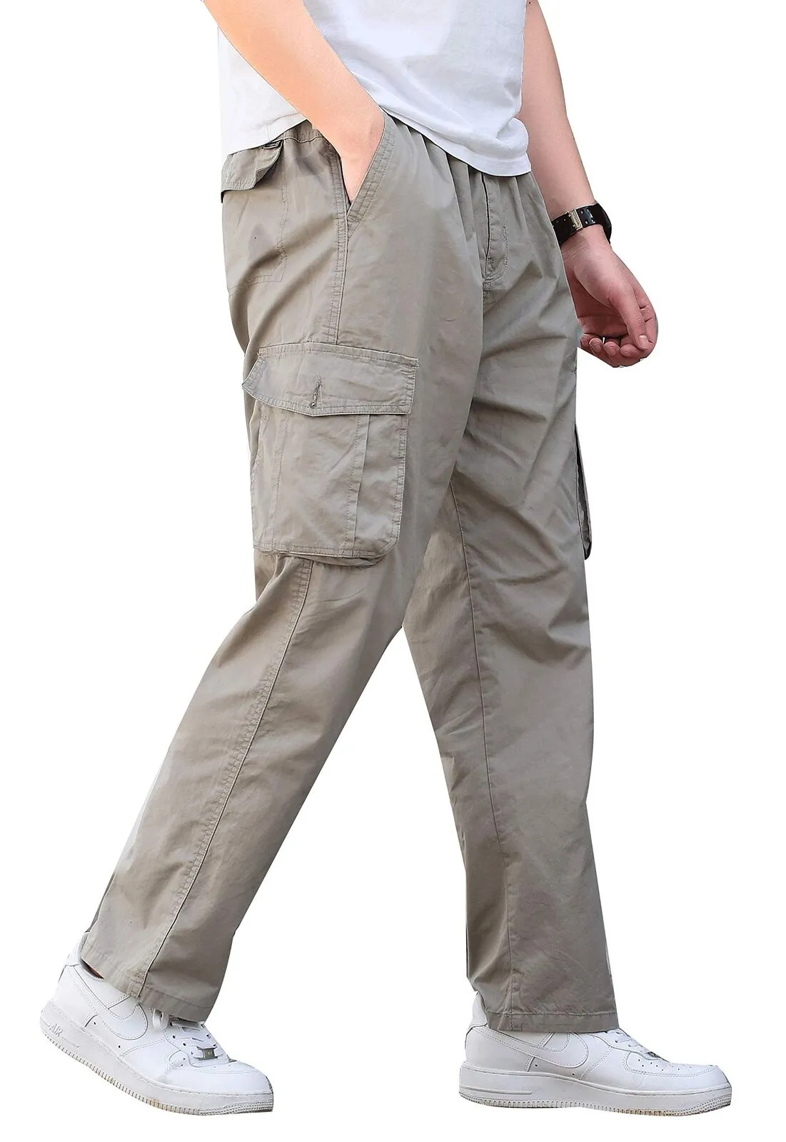 Mens Pull On Zip Fly Drawstring Cargo Pants Elastic Waist Relaxed Fit 6 Pockets