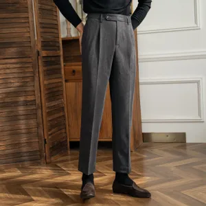 Mens Retro British High Waisted Pants Casual Straight Slim Fit Trousers