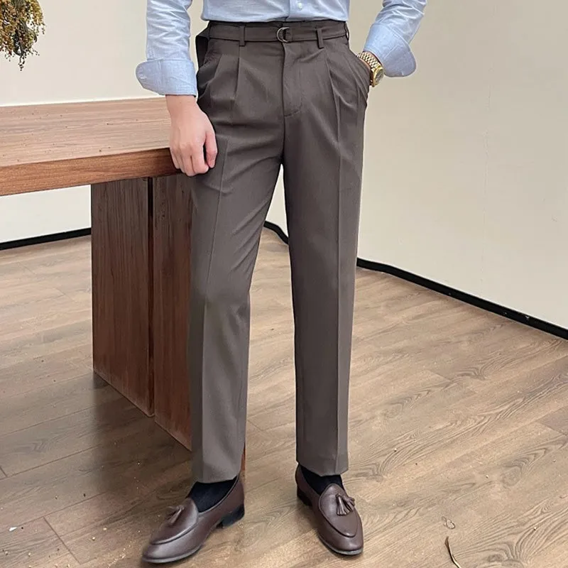 Mens Retro High Waist Business Straight Trousers