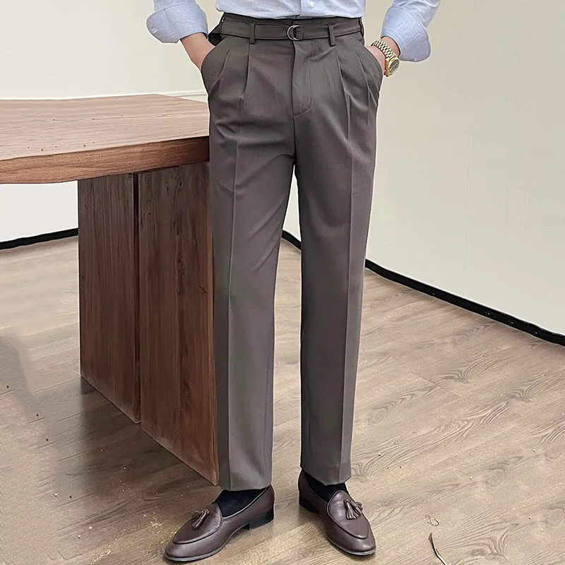 Mens Retro High Waist Business Straight Trousers