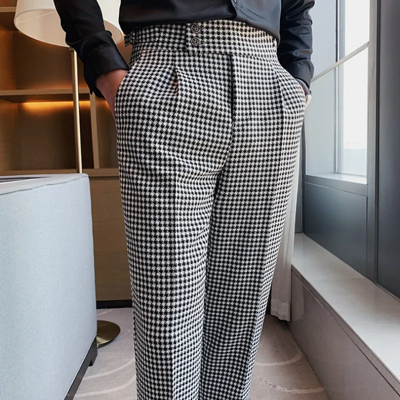 Men's Retro Straight Plaid High Waist Casual Trousers