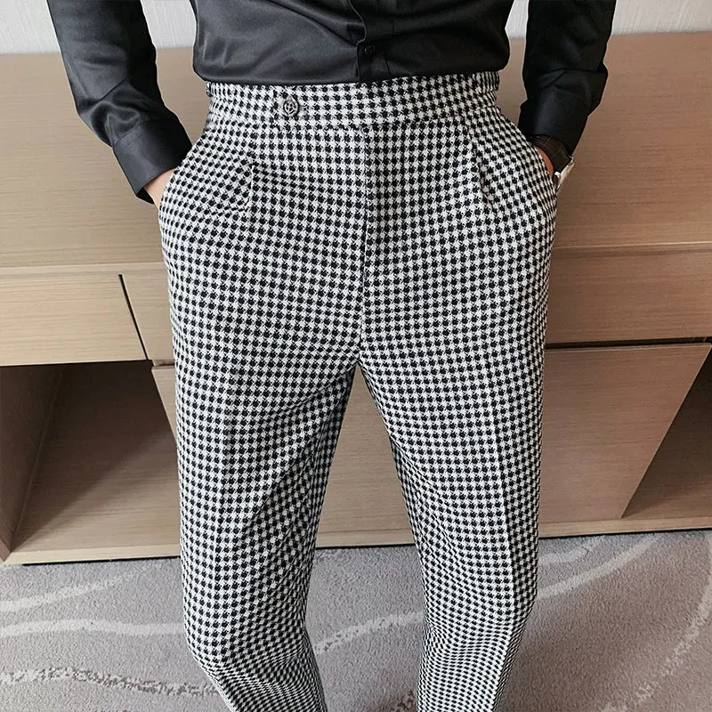 Men's Retro Straight Plaid High Waist Casual Trousers