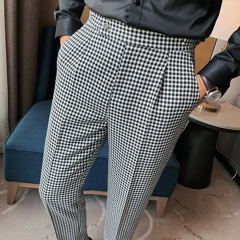 Men's Retro Straight Plaid High Waist Casual Trousers